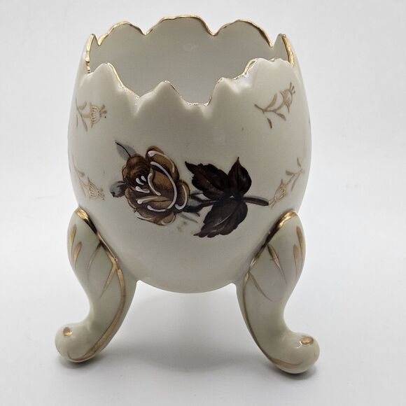 Vintage Porcelain Egg Vase on Legs Gold Trim Brown Rose Floral Pattern 4” Tall - Picture 2 of 5